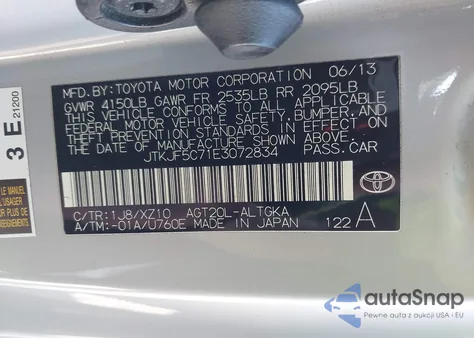2014 Scion Tc 10 Series from USA, damaged, VIN JTKJF5C71E3072834